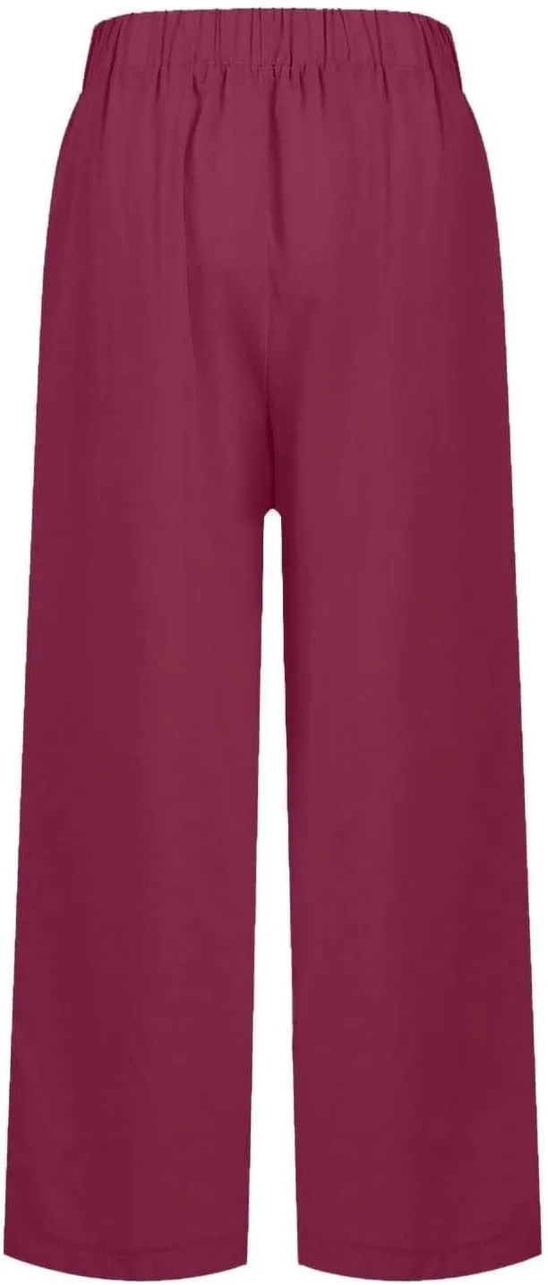 Linen Cropped Pants for Women Cotton High Waisted Wide Leg Pants Casual Summer Plus Size Beach Capris with Pockets
