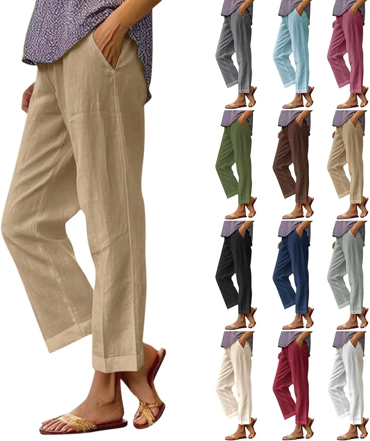 Linen Cropped Pants for Women Cotton High Waisted Wide Leg Pants Casual Summer Plus Size Beach Capris with Pockets