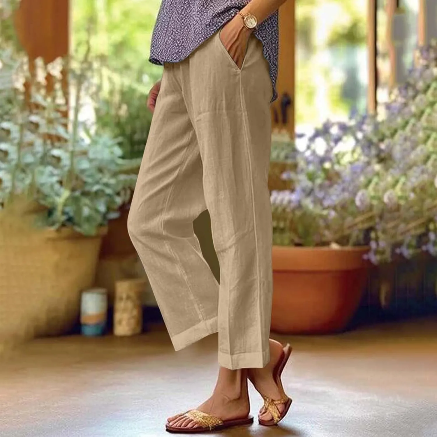 Linen Cropped Pants for Women Cotton High Waisted Wide Leg Pants Casual Summer Plus Size Beach Capris with Pockets