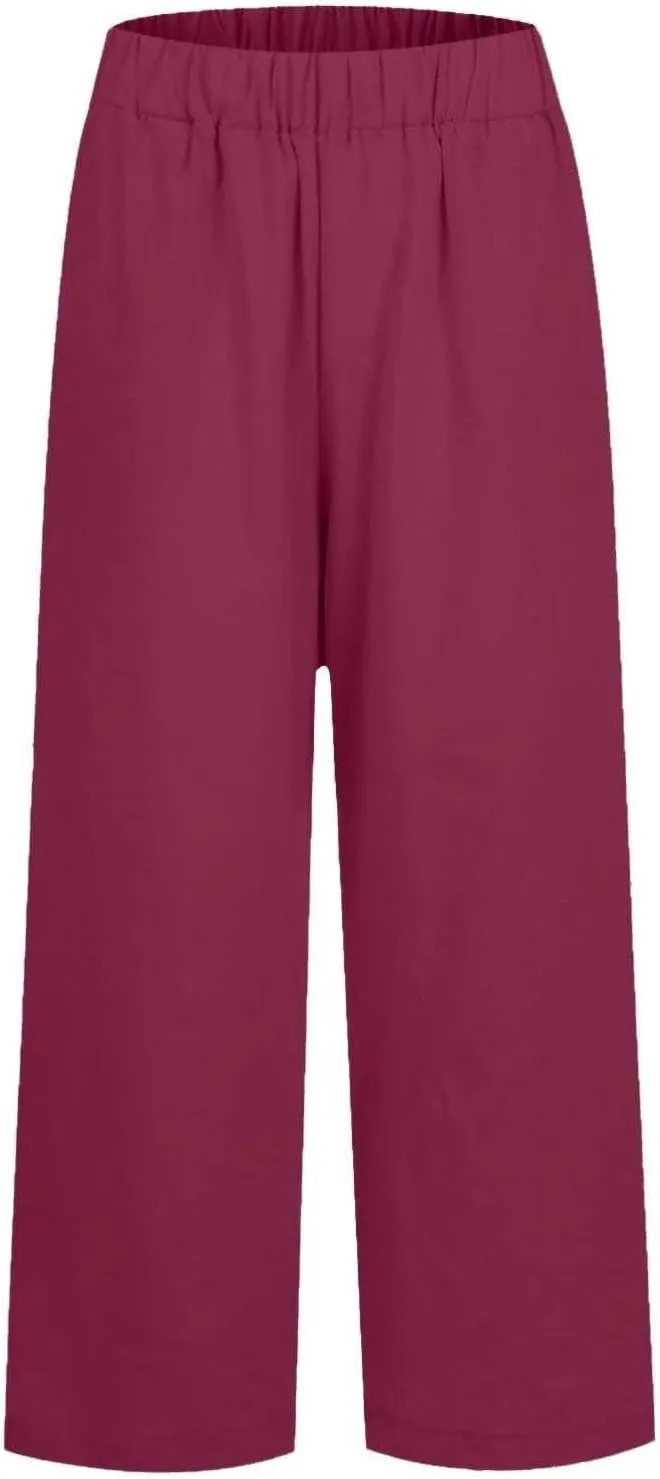 Linen Cropped Pants for Women Cotton High Waisted Wide Leg Pants Casual Summer Plus Size Beach Capris with Pockets