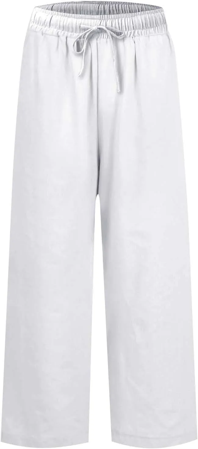 Linen Palazzo Pants for Women Casual Drawstring High Waisted Cropped Wide Leg Pants Flowy Beach Capris with Pockets
