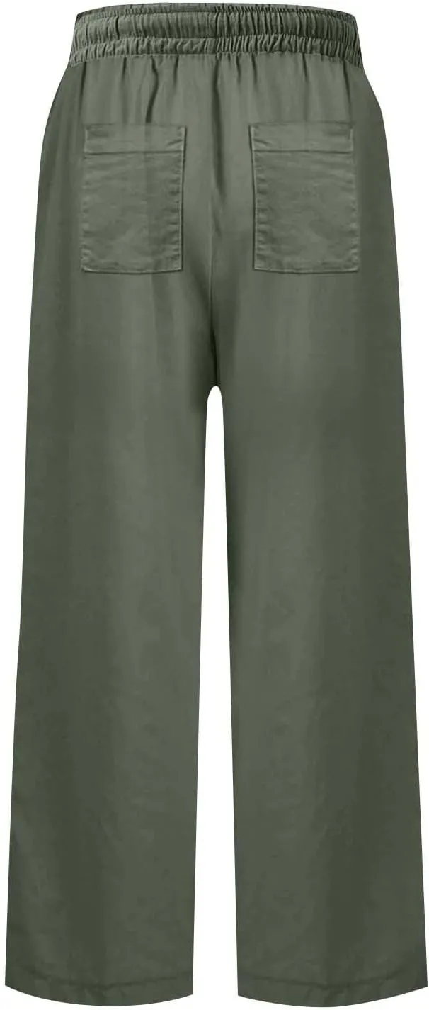 Linen Palazzo Pants for Women Casual Drawstring High Waisted Cropped Wide Leg Pants Flowy Beach Capris with Pockets