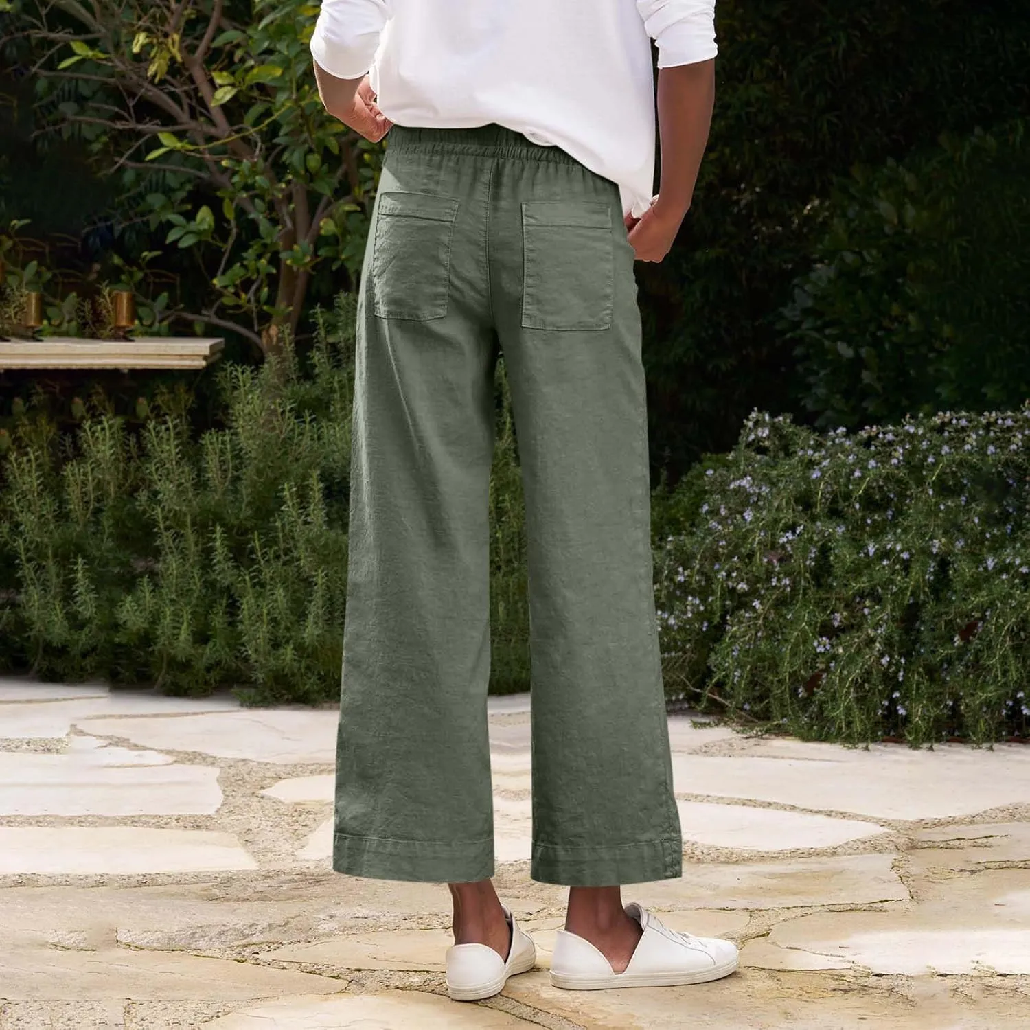 Linen Palazzo Pants for Women Casual Drawstring High Waisted Cropped Wide Leg Pants Flowy Beach Capris with Pockets