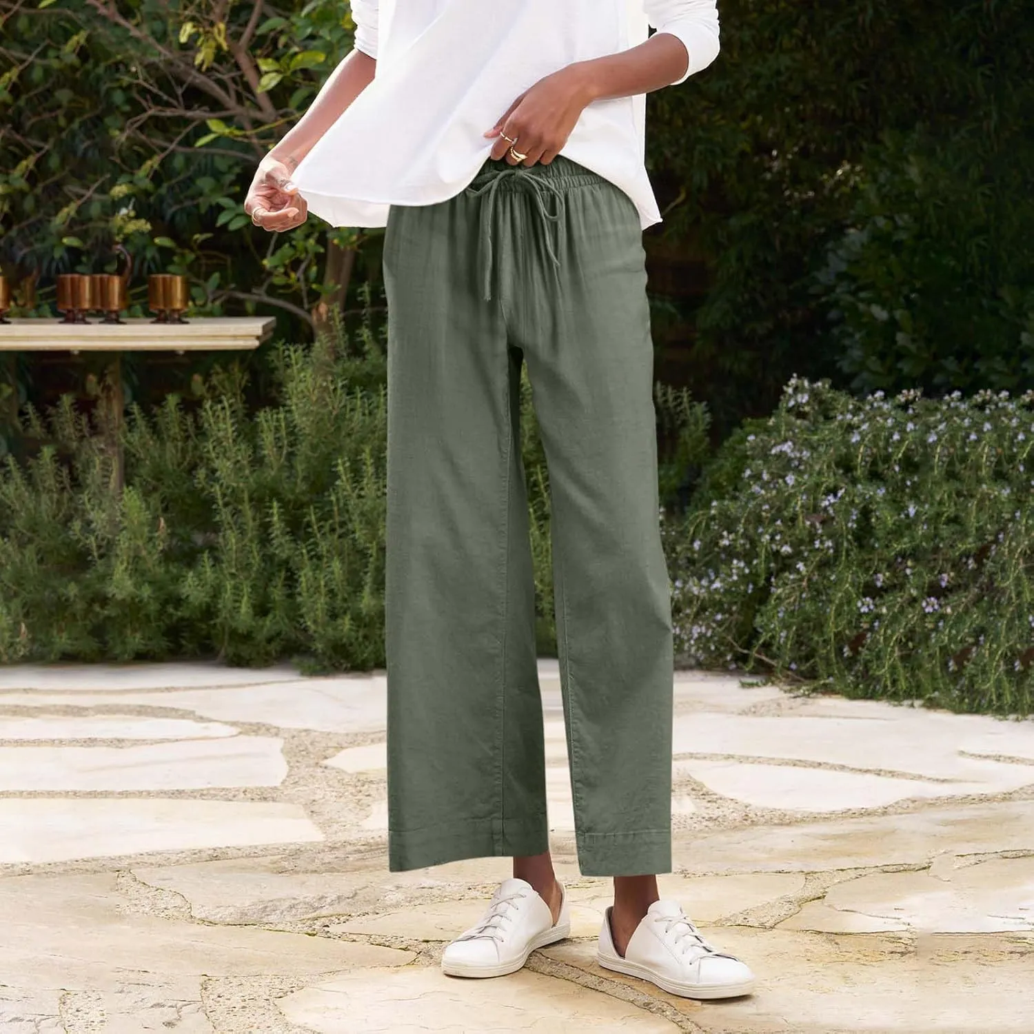 Linen Palazzo Pants for Women Casual Drawstring High Waisted Cropped Wide Leg Pants Flowy Beach Capris with Pockets