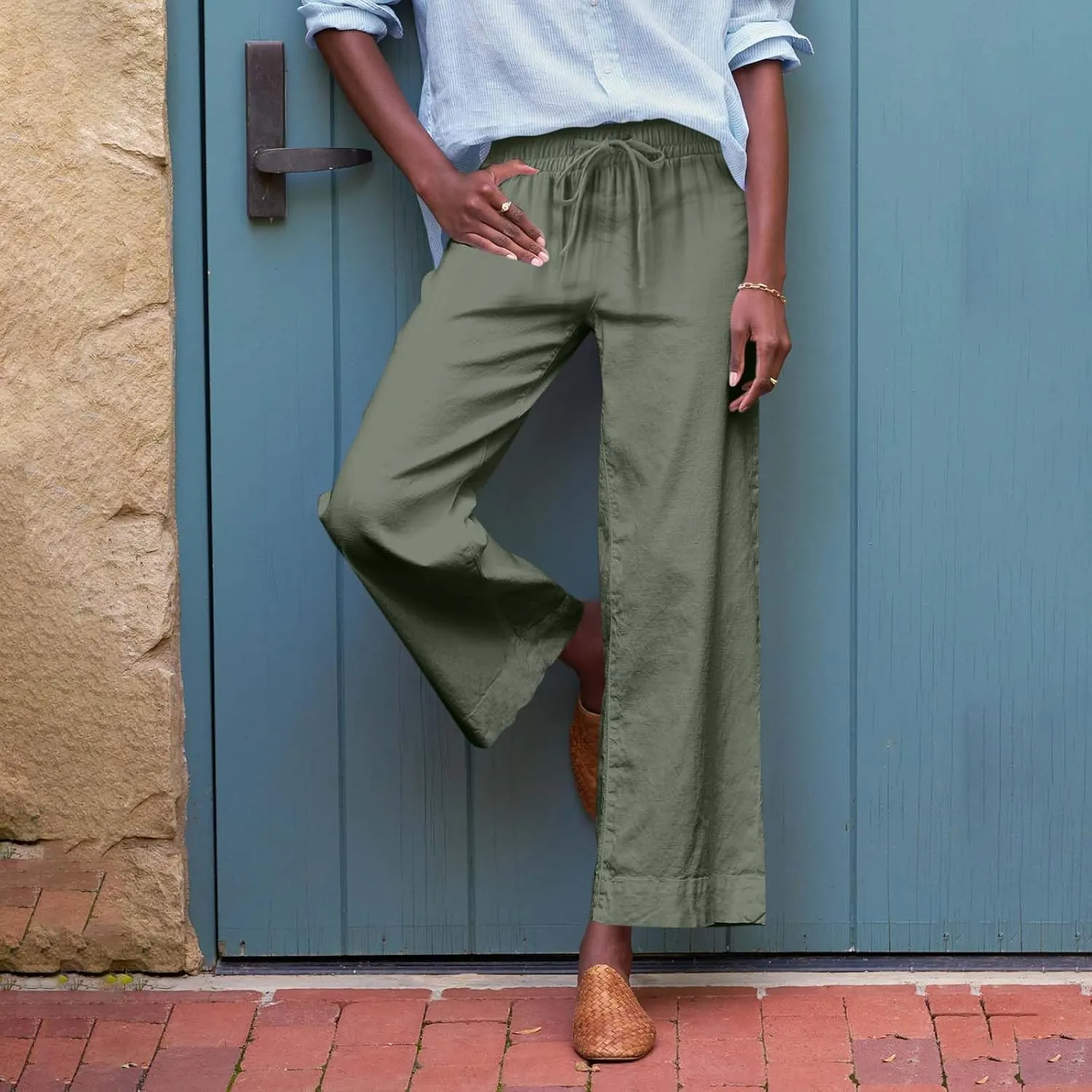 Linen Palazzo Pants for Women Casual Drawstring High Waisted Cropped Wide Leg Pants Flowy Beach Capris with Pockets