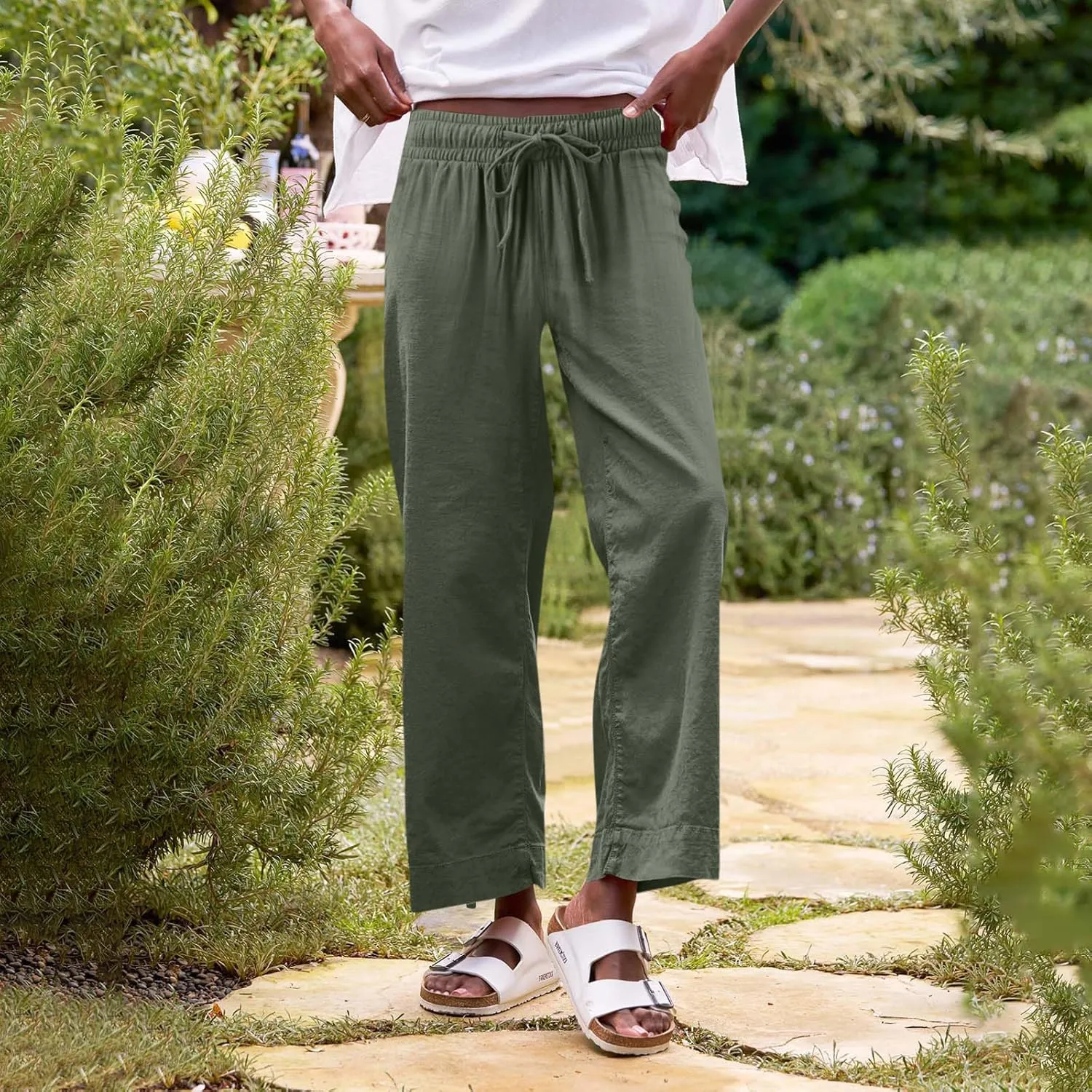 Linen Palazzo Pants for Women Casual Drawstring High Waisted Cropped Wide Leg Pants Flowy Beach Capris with Pockets