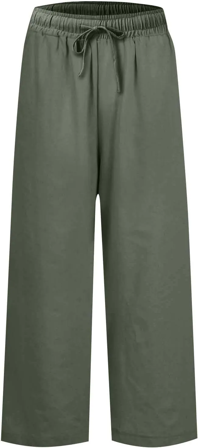 Linen Palazzo Pants for Women Casual Drawstring High Waisted Cropped Wide Leg Pants Flowy Beach Capris with Pockets