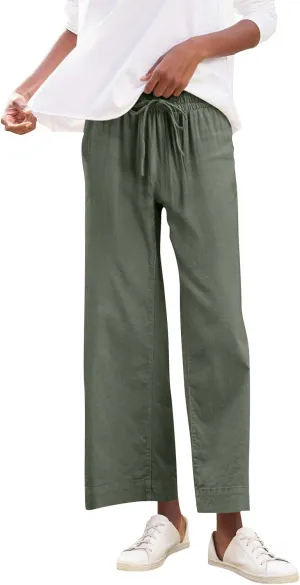 Linen Palazzo Pants for Women Casual Drawstring High Waisted Cropped Wide Leg Pants Flowy Beach Capris with Pockets