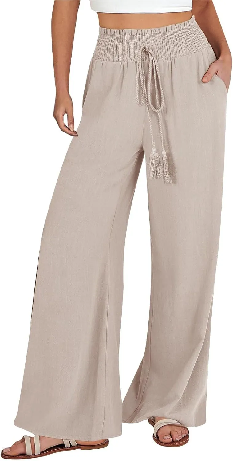 Linen Palazzo Pants for Women Plus Size Baggy Trousers with Pockets High Waist Straight Wide Leg Pants Casual Pants