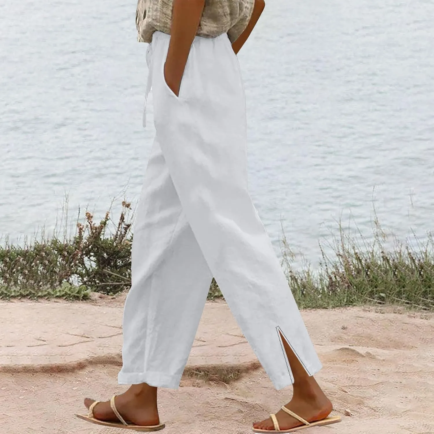 Linen Pants for Women 2025 Summer High Waist Elastic Straight Leg Lounge Pant Casual Loose Lightweight Beach Trousers