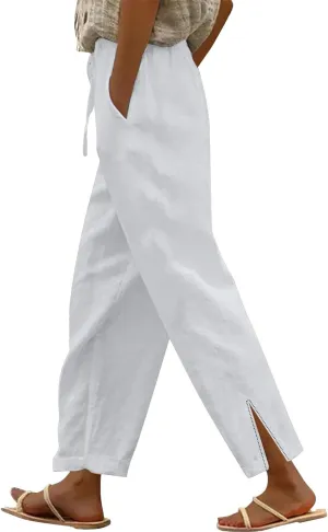 Linen Pants for Women 2025 Summer High Waist Elastic Straight Leg Lounge Pant Casual Loose Lightweight Beach Trousers