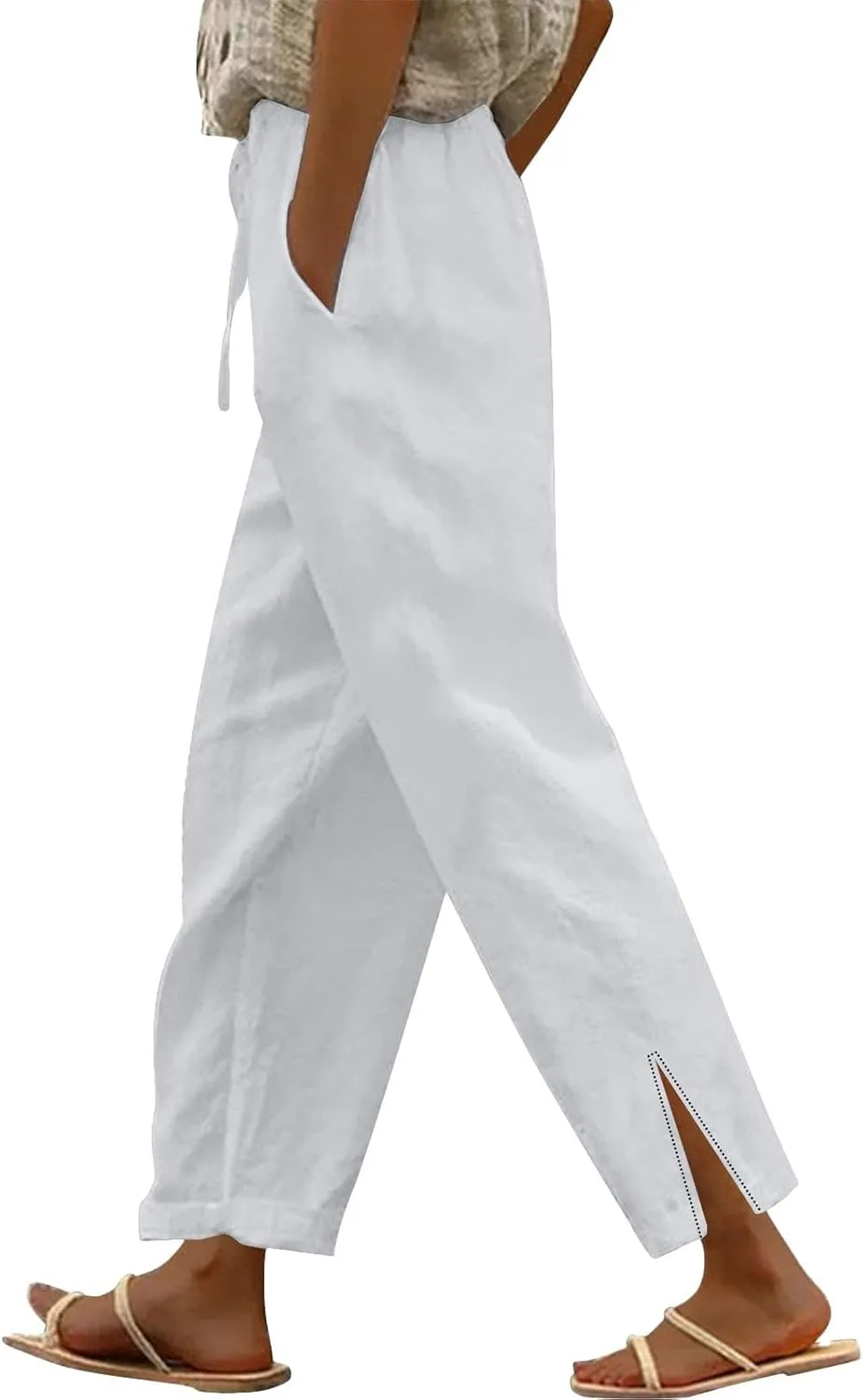 Linen Pants for Women 2025 Summer High Waist Elastic Straight Leg Lounge Pant Casual Loose Lightweight Beach Trousers