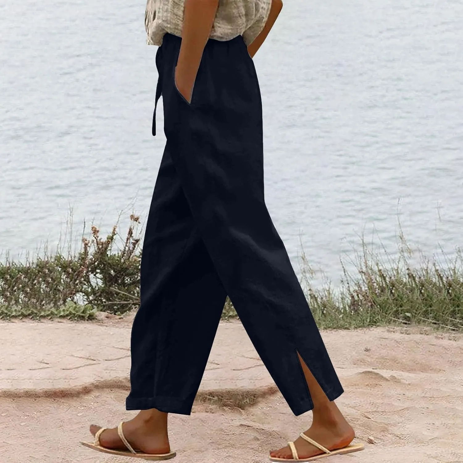 Linen Pants for Women 2025 Summer High Waist Elastic Straight Leg Lounge Pant Casual Loose Lightweight Beach Trousers