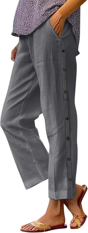 Linen Pants for Women 2025 Trendy High Waisted Wide Leg Trousers Striped Side Button Elastic Waist Summer Gauze Pants