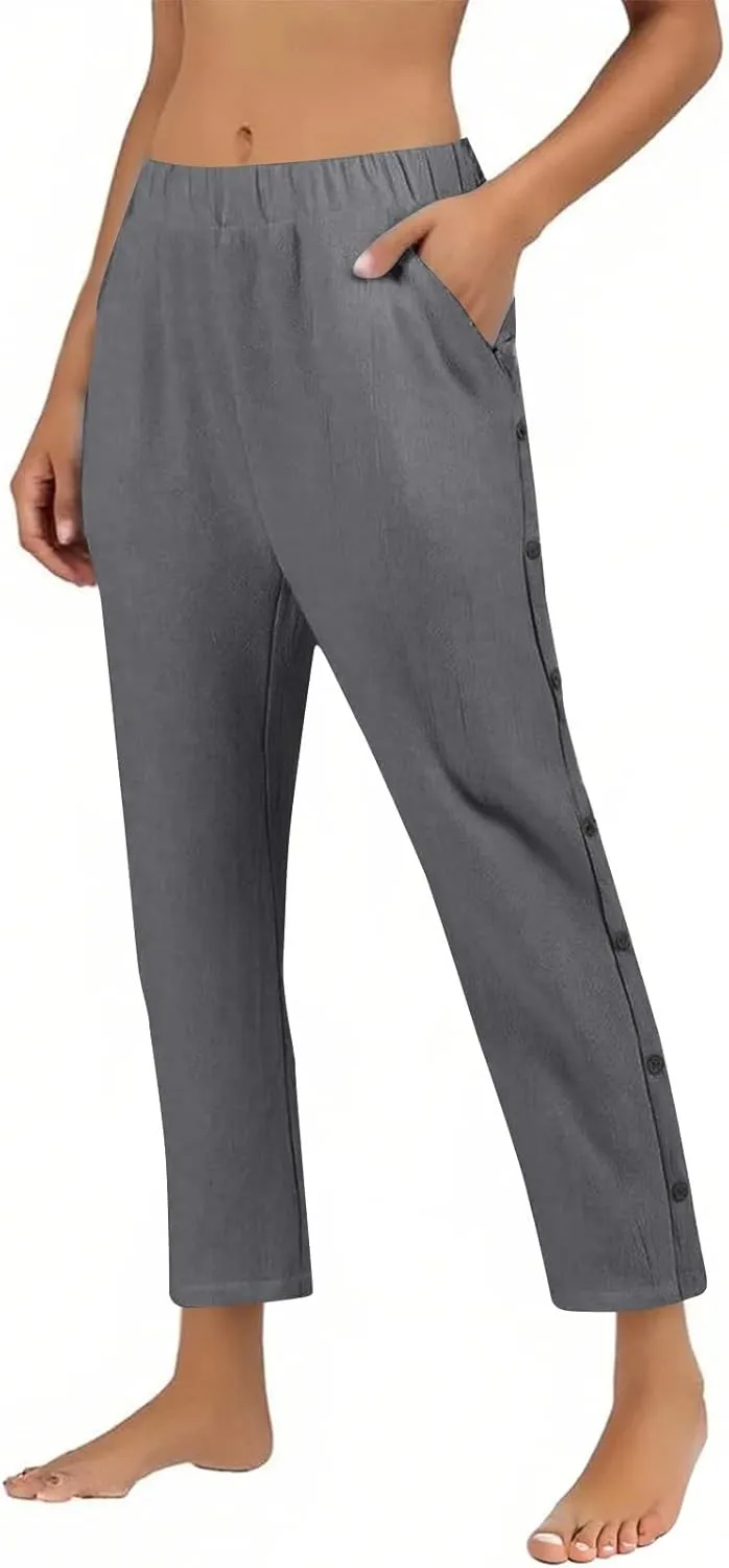 Linen Pants for Women 2025 Trendy High Waisted Wide Leg Trousers Striped Side Button Elastic Waist Summer Gauze Pants