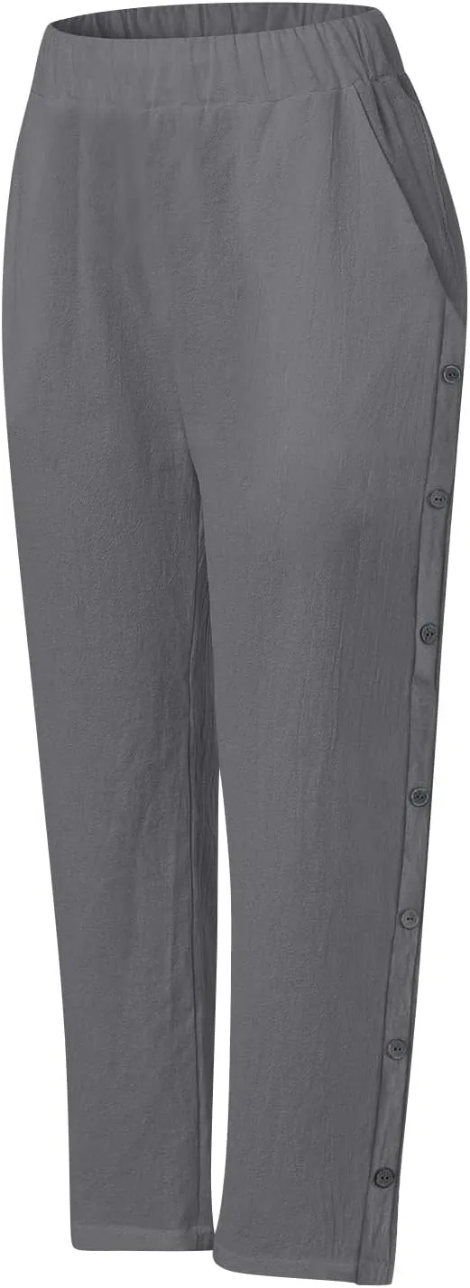 Linen Pants for Women 2025 Trendy High Waisted Wide Leg Trousers Striped Side Button Elastic Waist Summer Gauze Pants