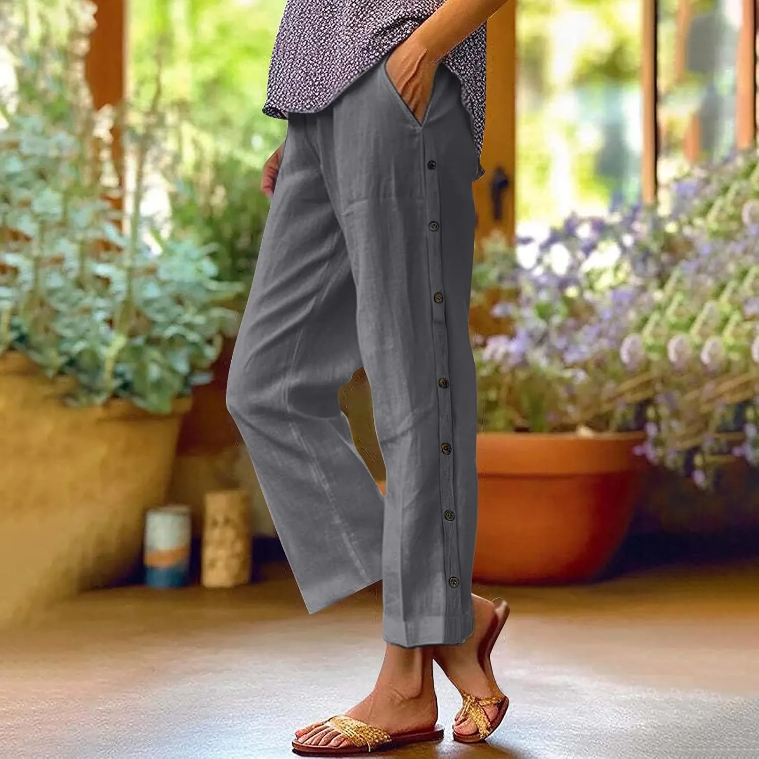 Linen Pants for Women 2025 Trendy High Waisted Wide Leg Trousers Striped Side Button Elastic Waist Summer Gauze Pants