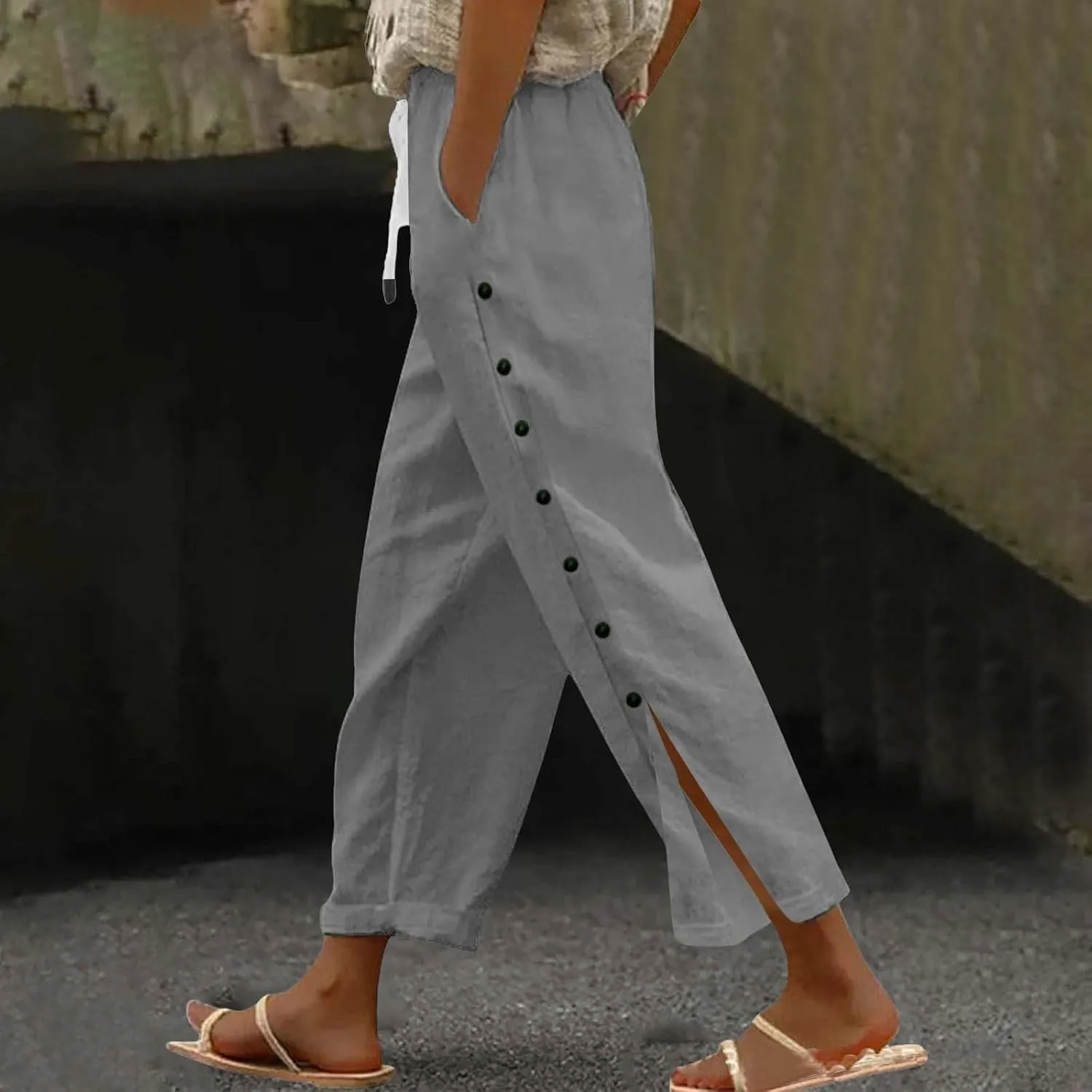 Linen Pants for Women Summer High Waisted Elastic Straight Leg Lounge Pants Casual Loose Lightweight Beach Trousers