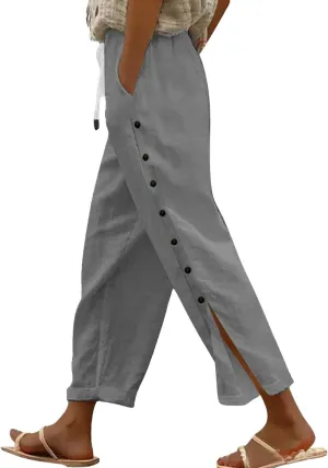 Linen Pants for Women Summer High Waisted Elastic Straight Leg Lounge Pants Casual Loose Lightweight Beach Trousers