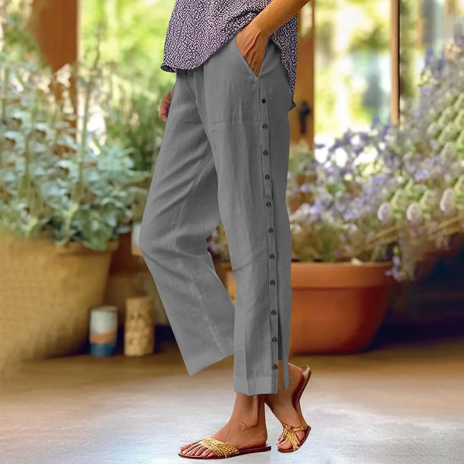 Linen Pants for Women Summer High Waisted Elastic Straight Leg Lounge Pants Casual Loose Lightweight Beach Trousers