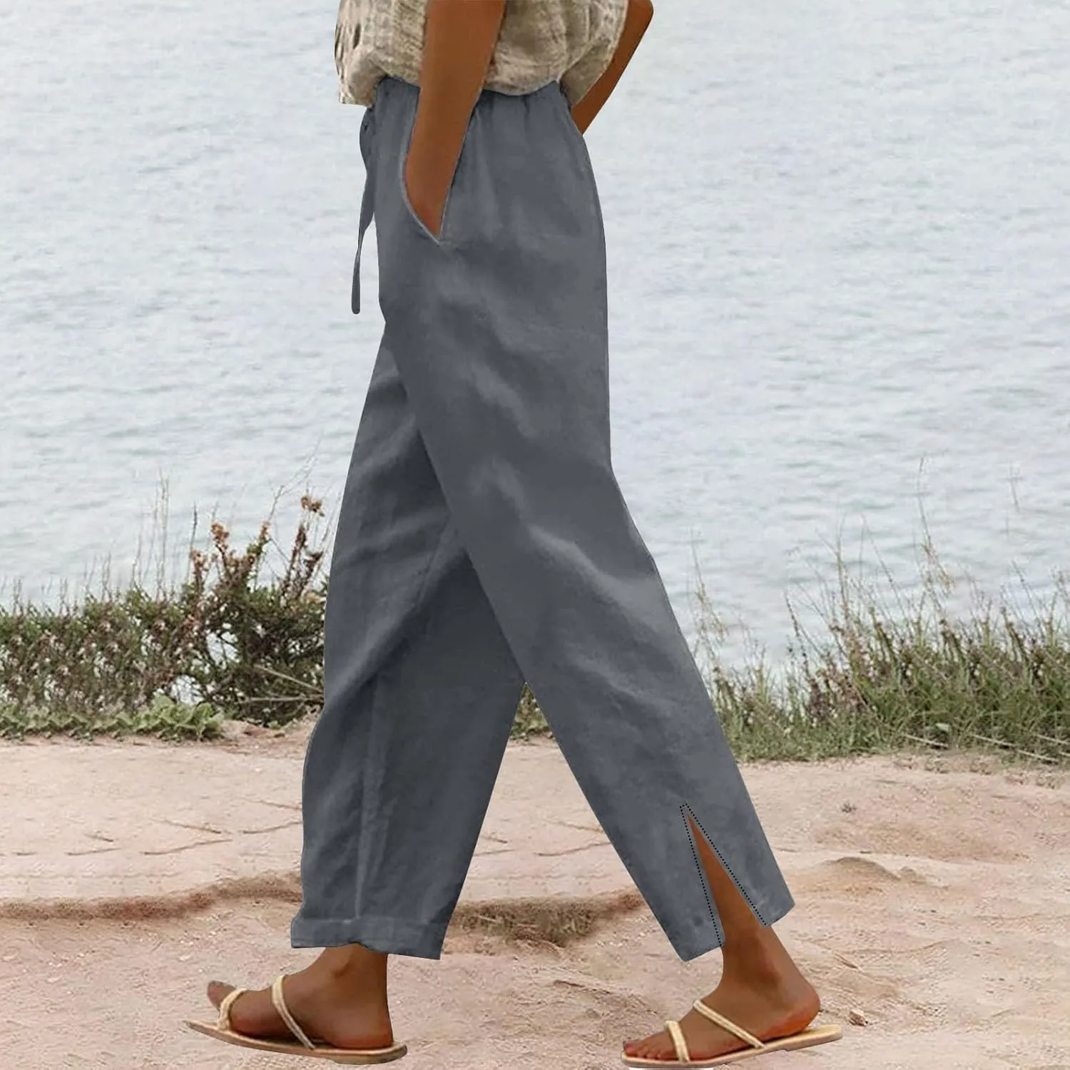 Linen Pants Women Cropped High Waisted Straight Leg Lounge Pants Lightweight Summer Split Beach Capris with Pockets