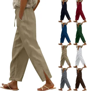 Linen Pants Women Cropped High Waisted Straight Leg Lounge Pants Lightweight Summer Split Beach Capris with Pockets