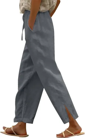 Linen Pants Women Cropped High Waisted Straight Leg Lounge Pants Lightweight Summer Split Beach Capris with Pockets