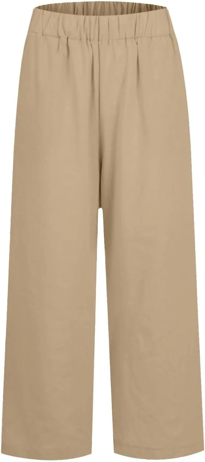 Linen Pants Women Plus Size Elastic Waist Straight Leg Crop Pants Casual Summer Capris with Pokcets Resort Wear 2025