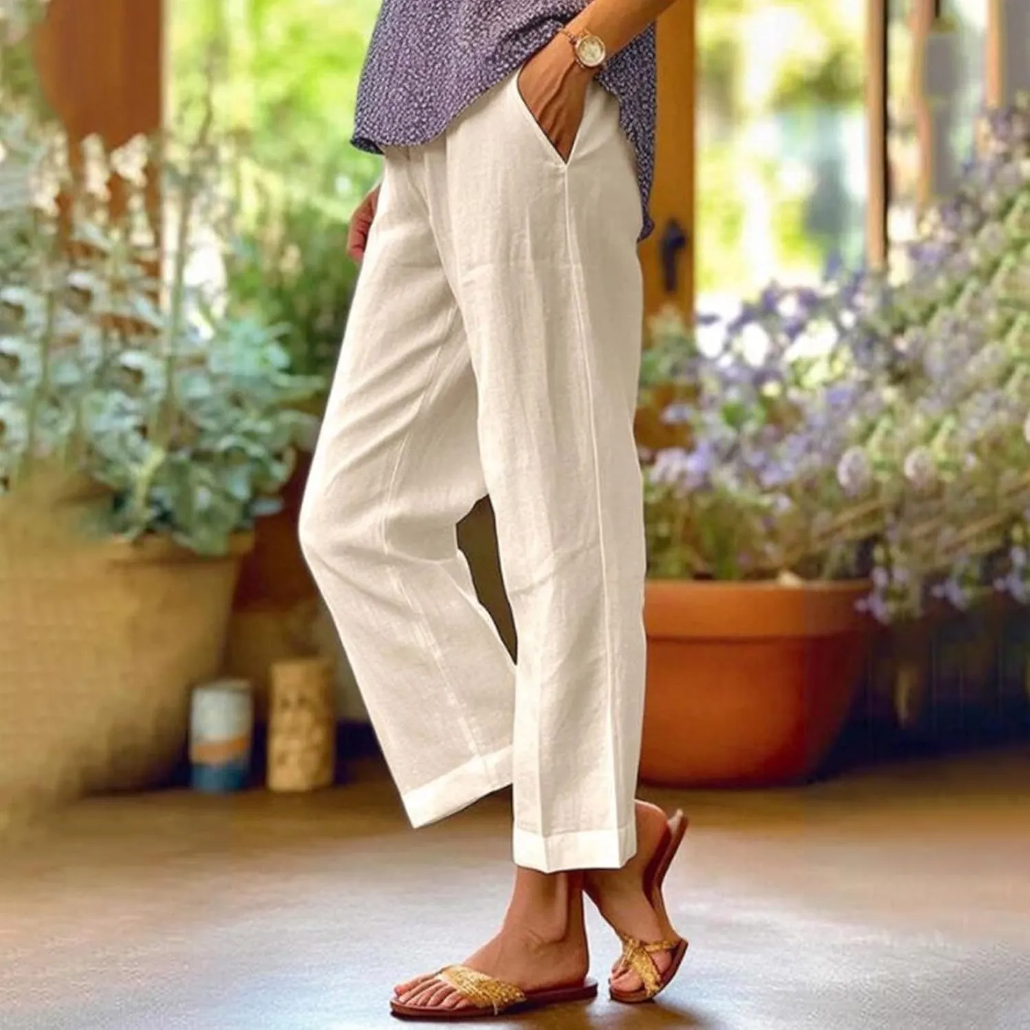 Linen Pants Women Plus Size Elastic Waist Straight Leg Crop Pants Casual Summer Capris with Pokcets Resort Wear 2025