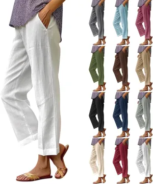 Linen Pants Women Plus Size Elastic Waist Straight Leg Crop Pants Casual Summer Capris with Pokcets Resort Wear 2025