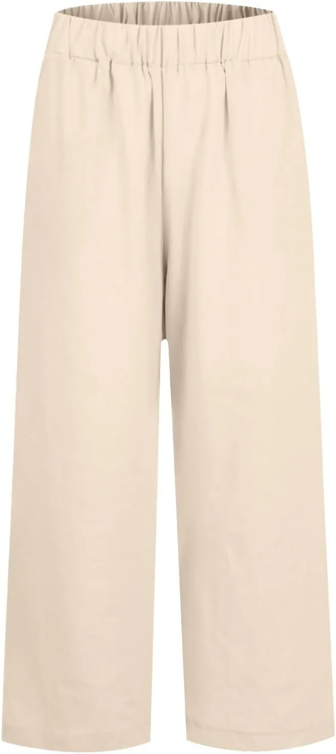 Linen Pants Women Plus Size Elastic Waist Straight Leg Crop Pants Casual Summer Capris with Pokcets Resort Wear 2025