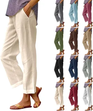 Linen Pants Women Plus Size Elastic Waist Straight Leg Crop Pants Casual Summer Capris with Pokcets Resort Wear 2025