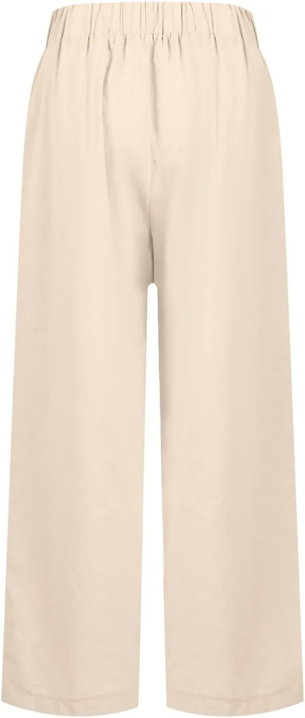 Linen Pants Women Plus Size Elastic Waist Straight Leg Crop Pants Casual Summer Capris with Pokcets Resort Wear 2025
