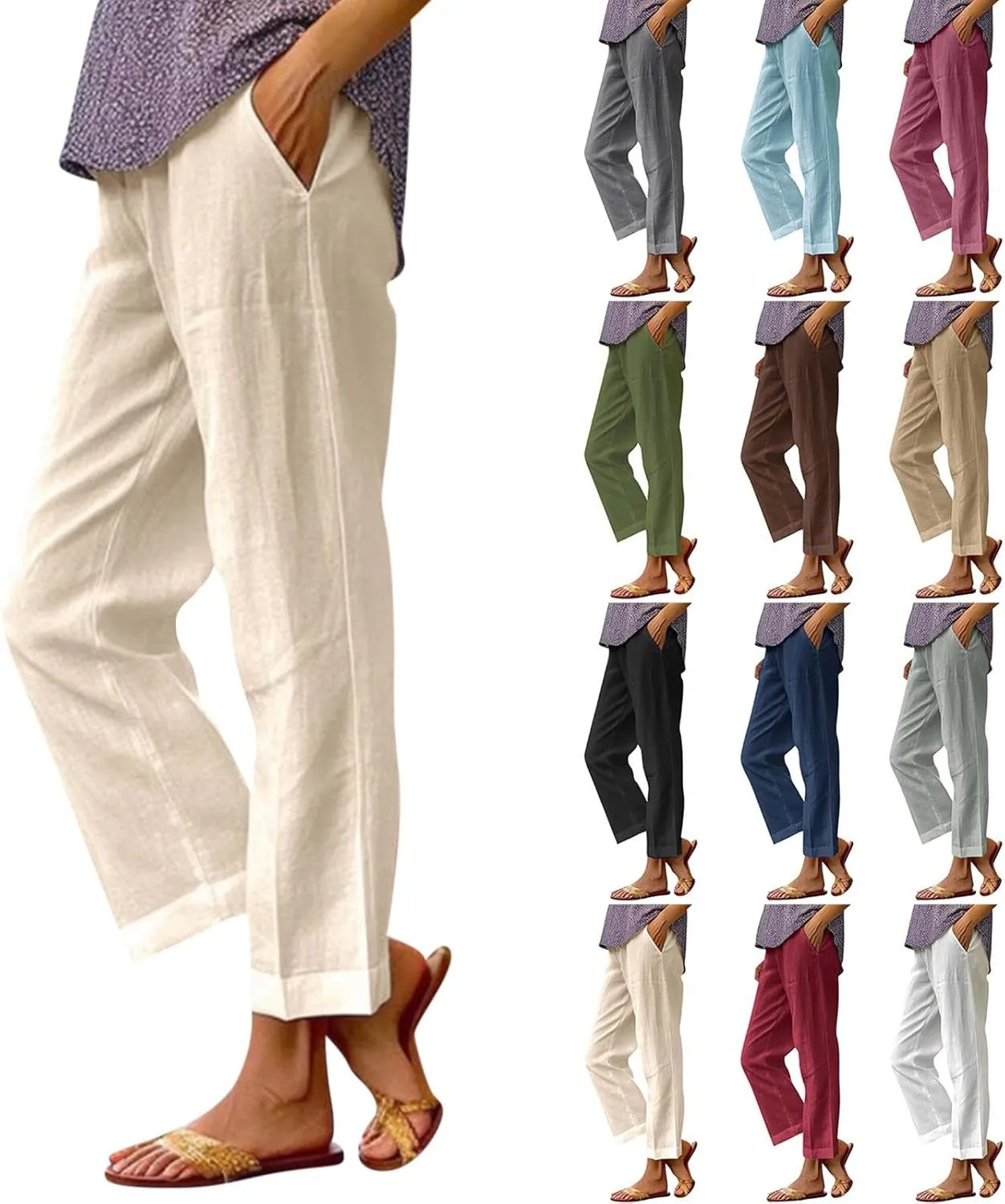 Linen Pants Women Plus Size Elastic Waist Straight Leg Crop Pants Casual Summer Capris with Pokcets Resort Wear 2025