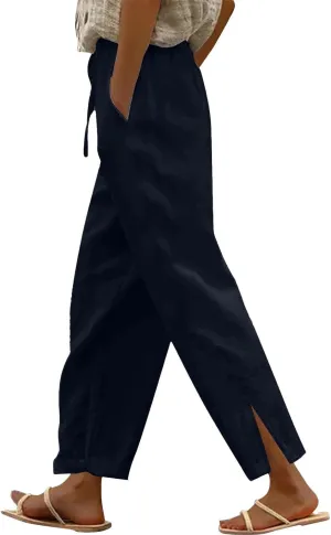 Linen Pants Women Summer Drawstring High Waisted Crop Lounge Pants Slit Straight Leg Beach Trousers with Pockets
