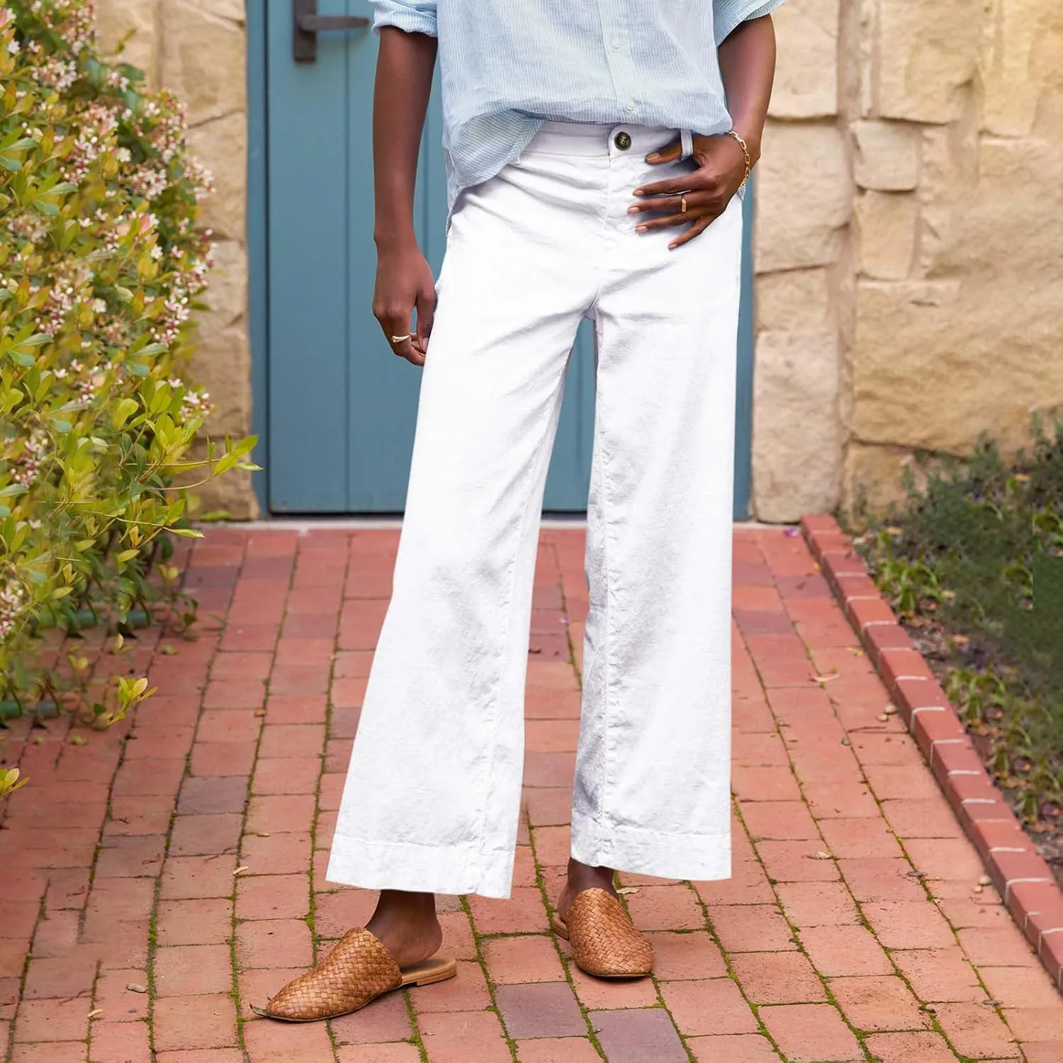 Linen Wide Leg Pants for Women Elastic High Waisted Crop Palazzo Pants Summer Business Casual Work Slacks with Pocket