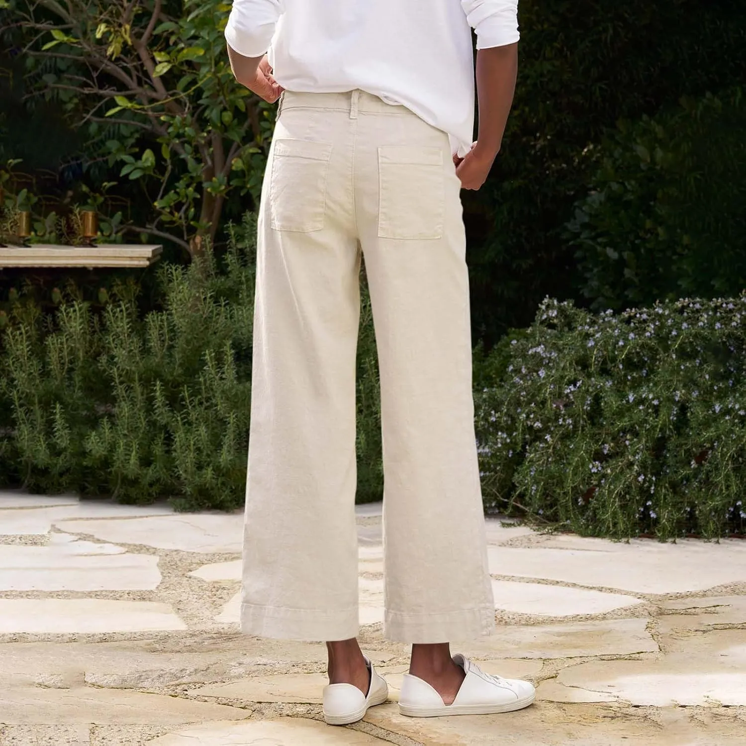 Linen Wide Leg Pants for Women Elastic High Waisted Crop Palazzo Pants Summer Business Casual Work Slacks with Pocket