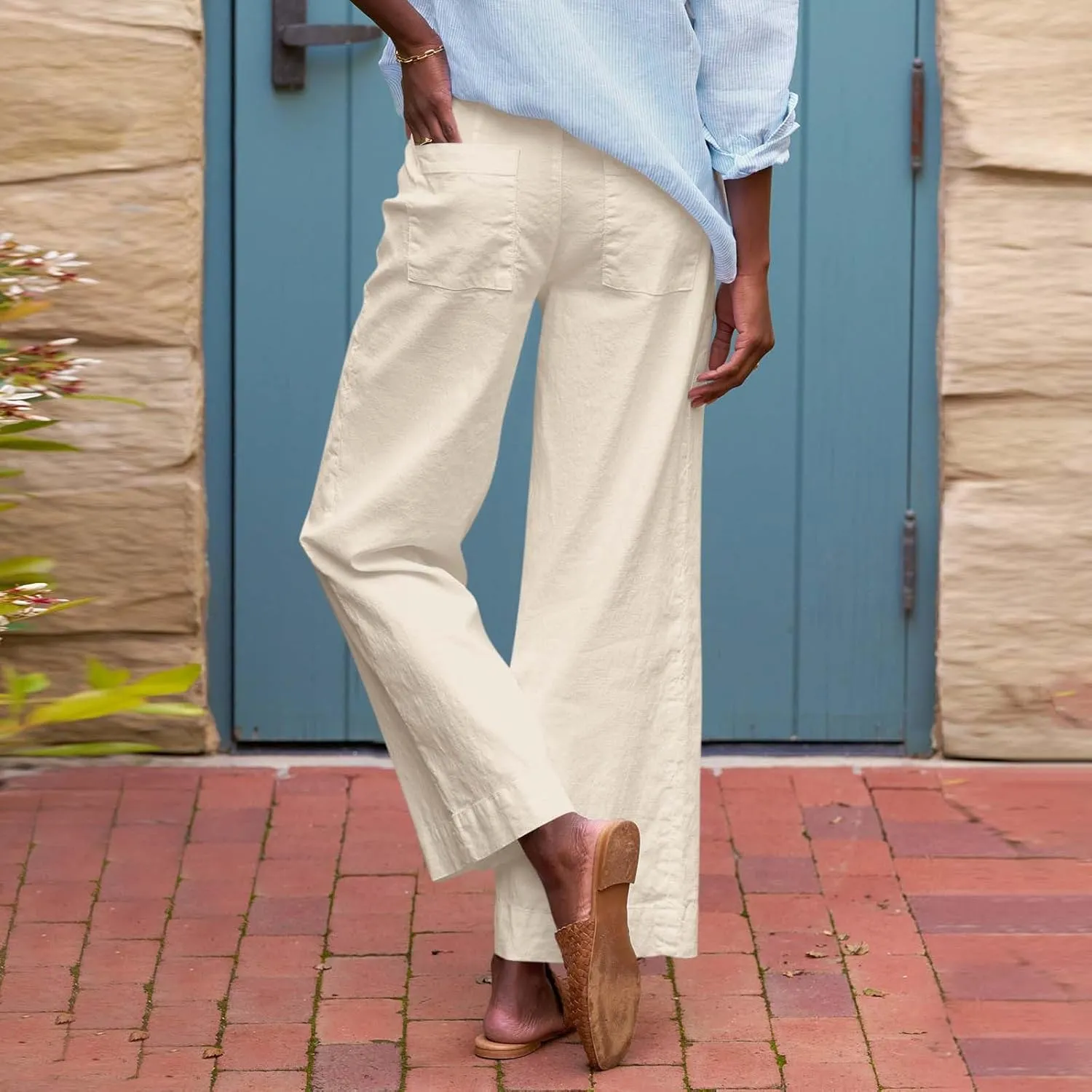 Linen Wide Leg Pants for Women Elastic High Waisted Crop Palazzo Pants Summer Business Casual Work Slacks with Pocket