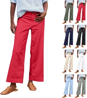 Linen Wide Leg Pants for Women Elastic High Waisted Crop Palazzo Pants Summer Business Casual Work Slacks with Pocket