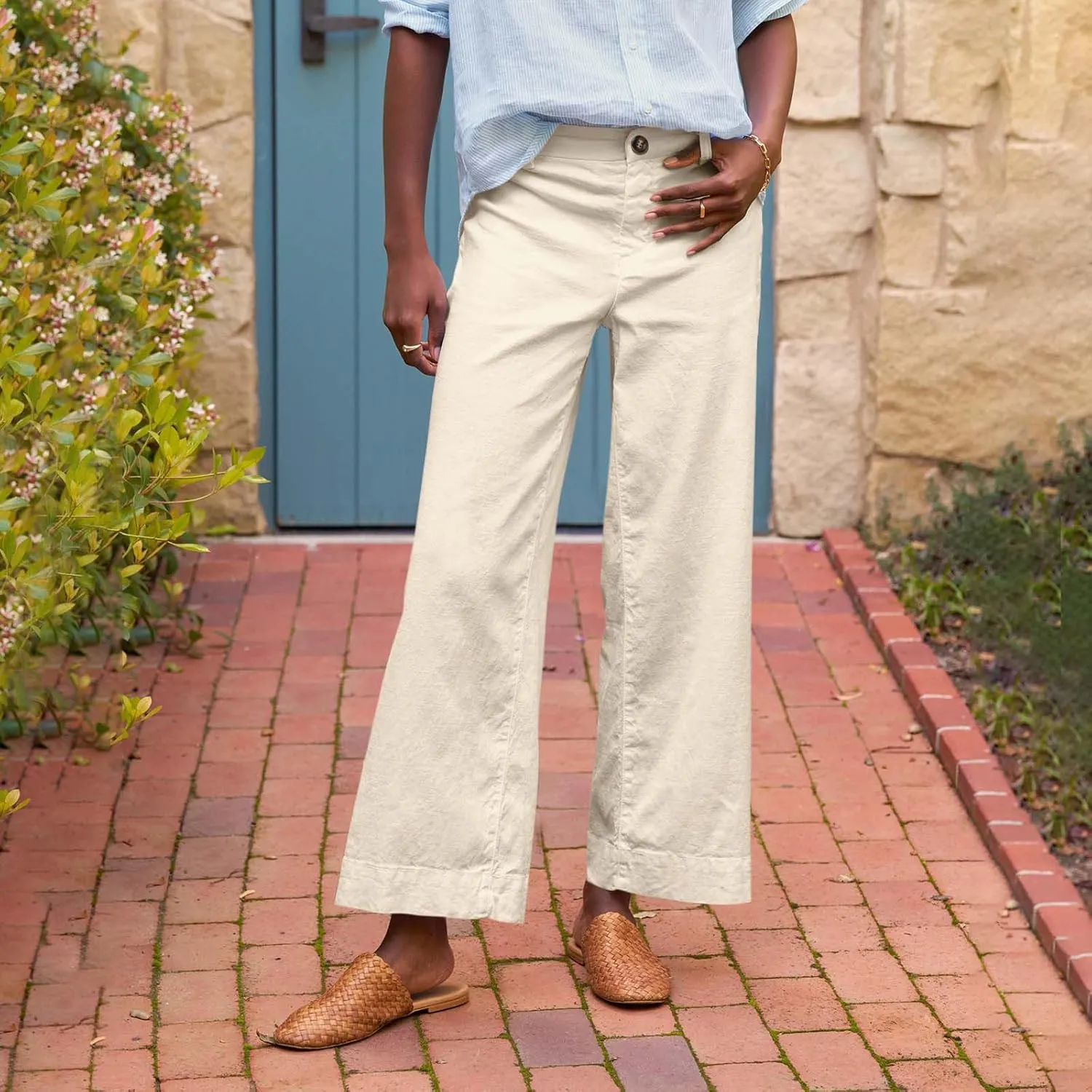 Linen Wide Leg Pants for Women Elastic High Waisted Crop Palazzo Pants Summer Business Casual Work Slacks with Pocket