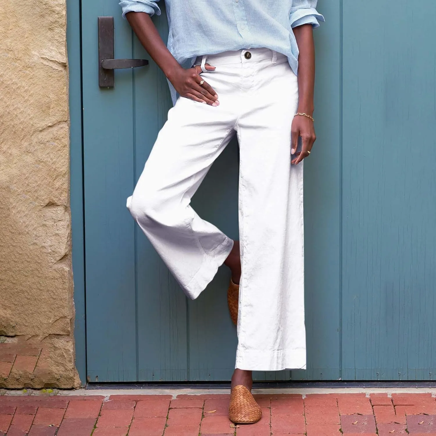 Linen Wide Leg Pants for Women Elastic High Waisted Crop Palazzo Pants Summer Business Casual Work Slacks with Pocket
