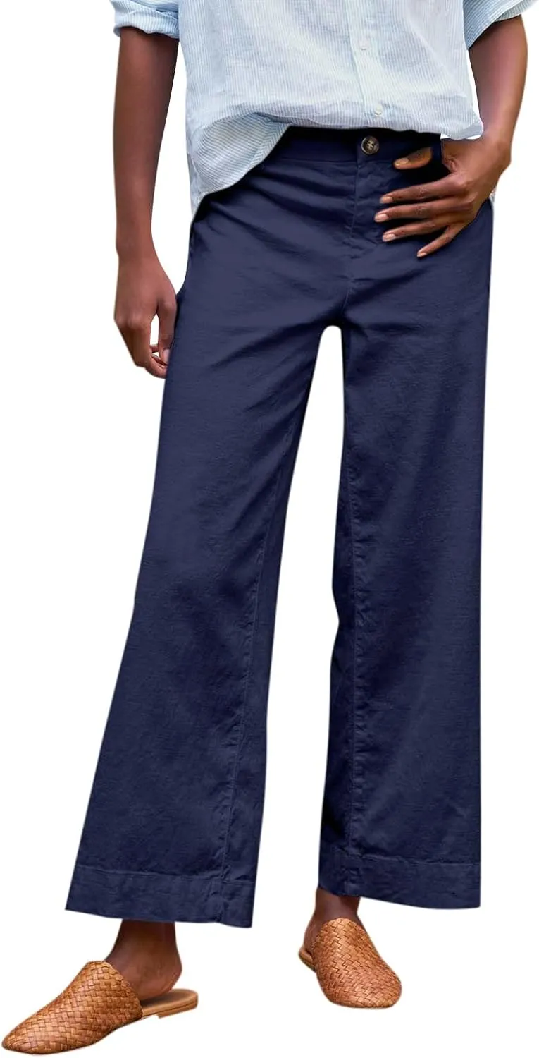 Linen Wide Leg Pants for Women Elastic High Waisted Crop Palazzo Pants Summer Business Casual Work Slacks with Pocket