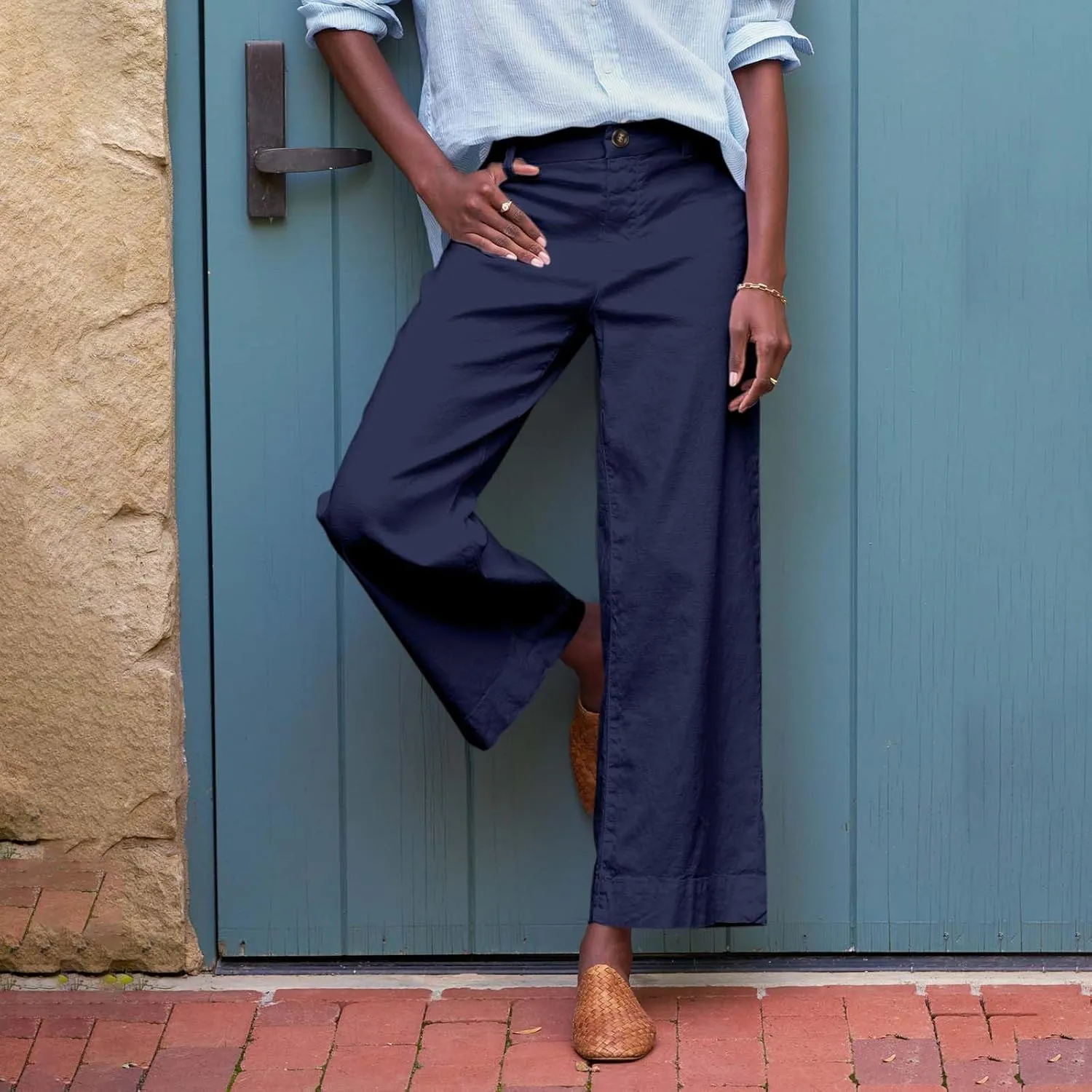 Linen Wide Leg Pants for Women Elastic High Waisted Crop Palazzo Pants Summer Business Casual Work Slacks with Pocket