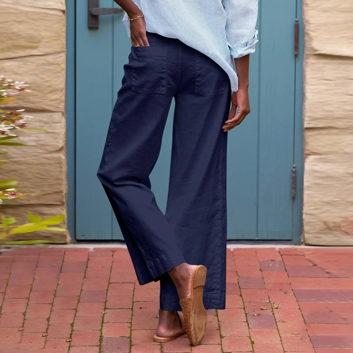 Linen Wide Leg Pants for Women Elastic High Waisted Crop Palazzo Pants Summer Business Casual Work Slacks with Pocket