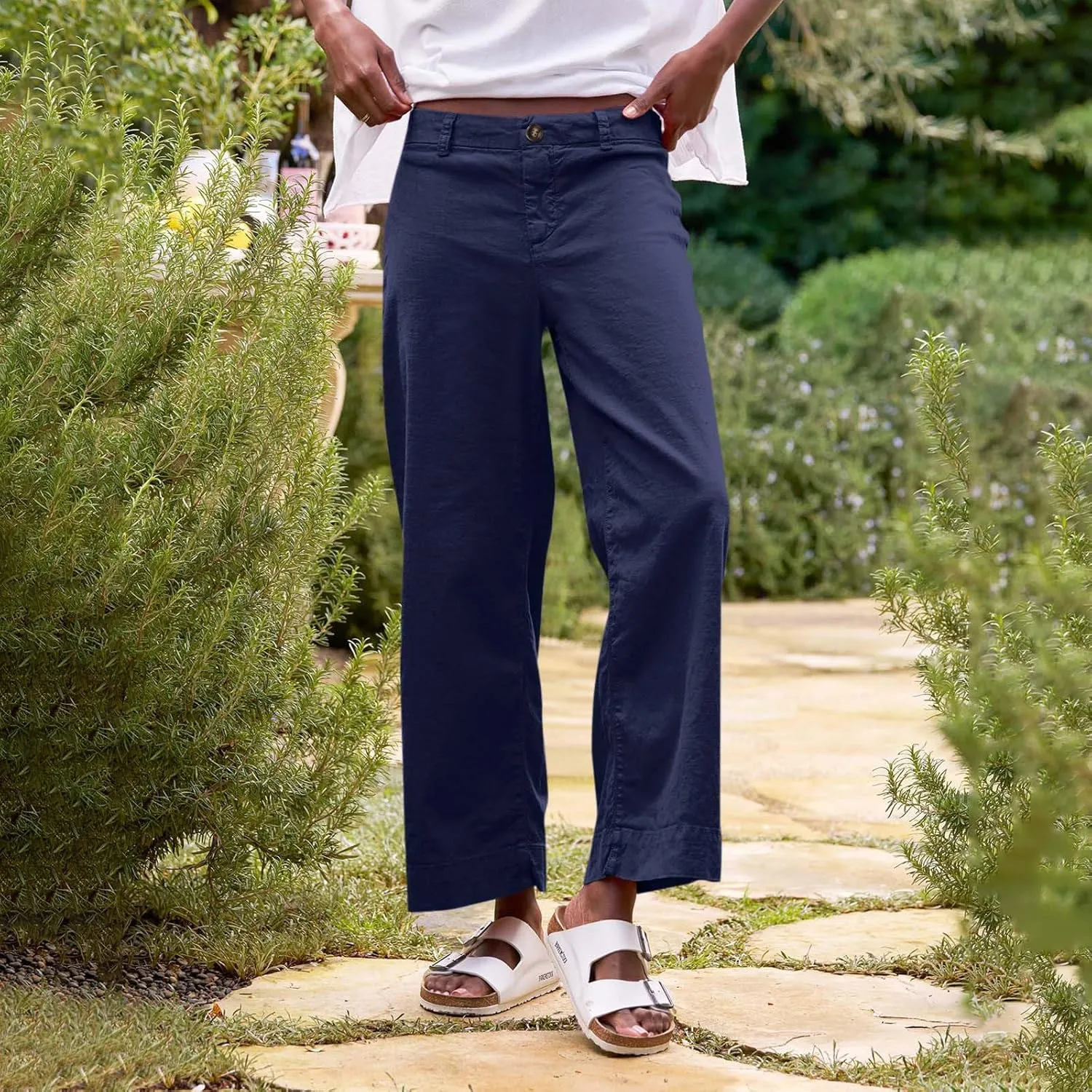 Linen Wide Leg Pants for Women Elastic High Waisted Crop Palazzo Pants Summer Business Casual Work Slacks with Pocket