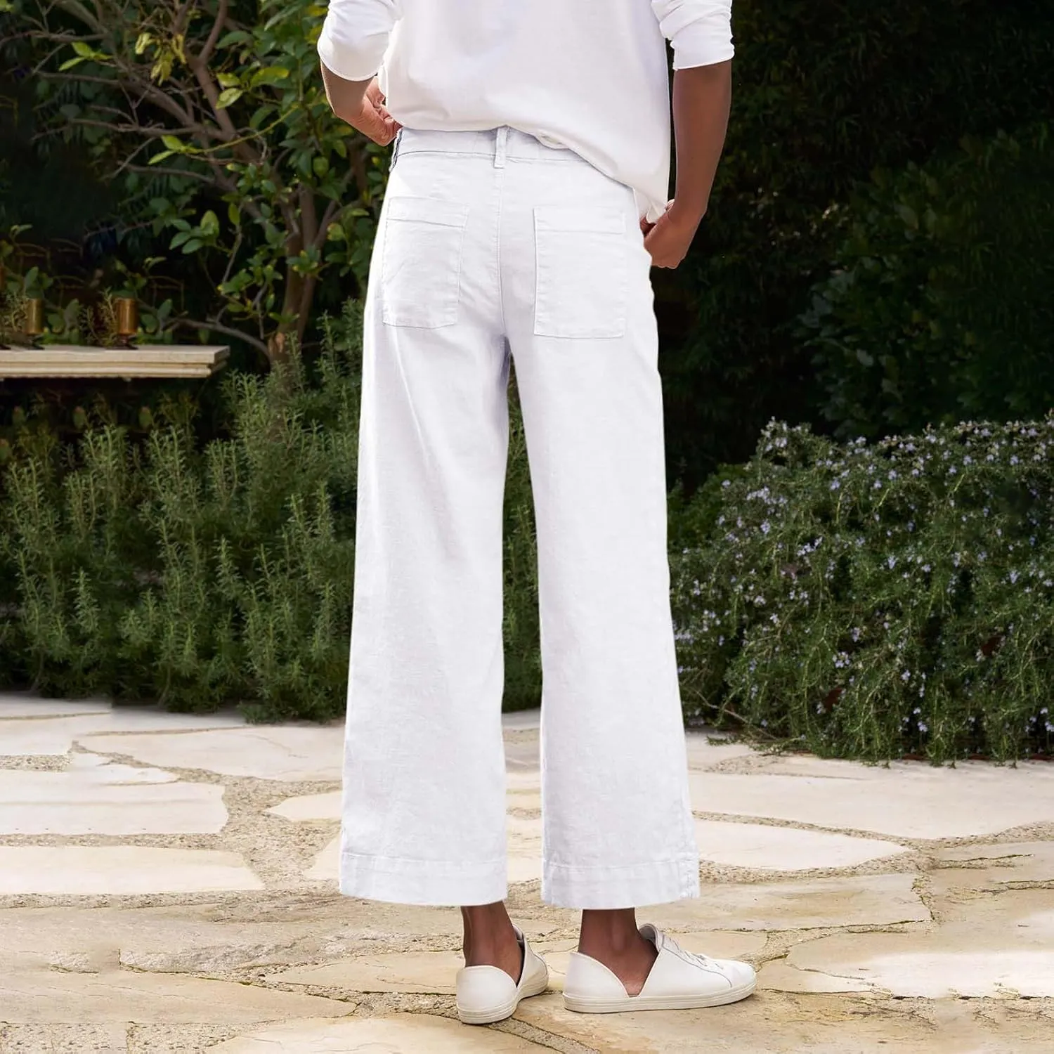 Linen Wide Leg Pants for Women Elastic High Waisted Crop Palazzo Pants Summer Business Casual Work Slacks with Pocket