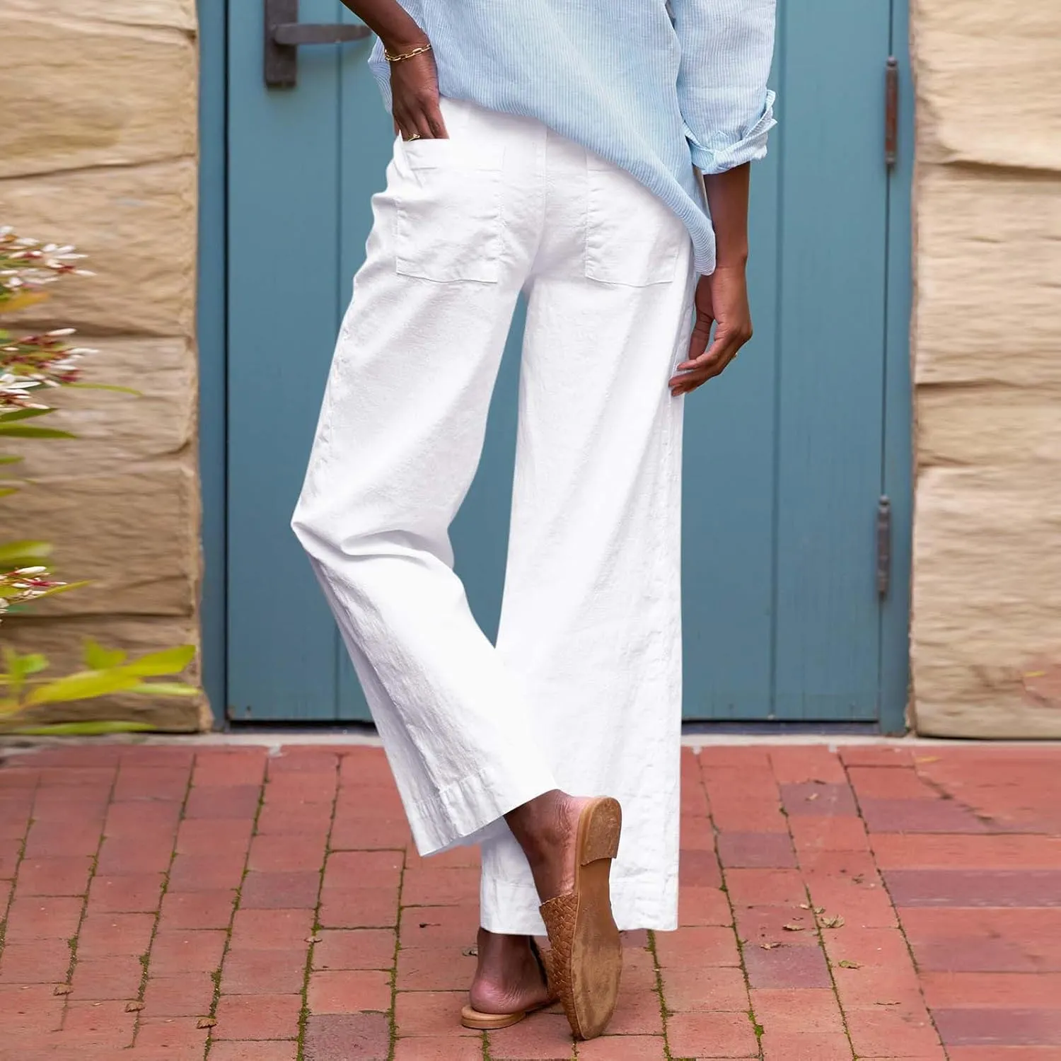 Linen Wide Leg Pants for Women Elastic High Waisted Crop Palazzo Pants Summer Business Casual Work Slacks with Pocket