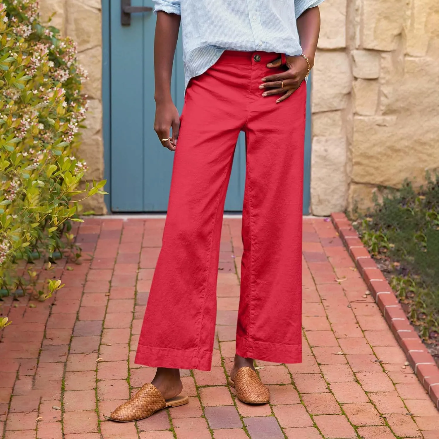 Linen Wide Leg Pants for Women Elastic High Waisted Crop Palazzo Pants Summer Business Casual Work Slacks with Pocket