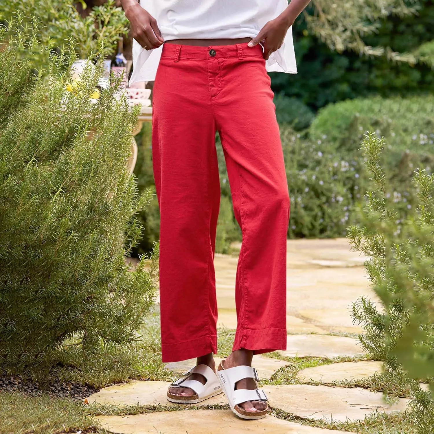 Linen Wide Leg Pants for Women Elastic High Waisted Crop Palazzo Pants Summer Business Casual Work Slacks with Pocket