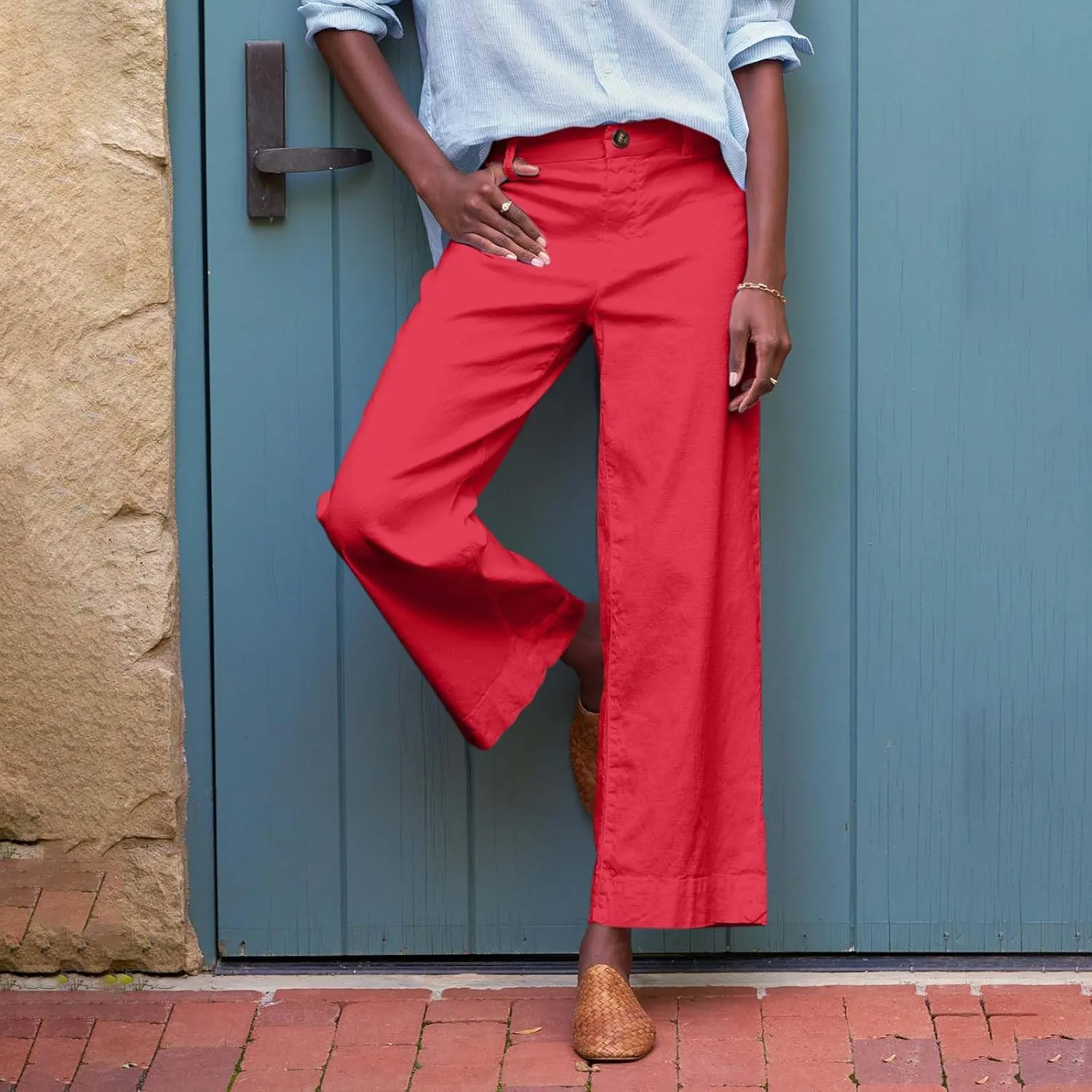 Linen Wide Leg Pants for Women Elastic High Waisted Crop Palazzo Pants Summer Business Casual Work Slacks with Pocket